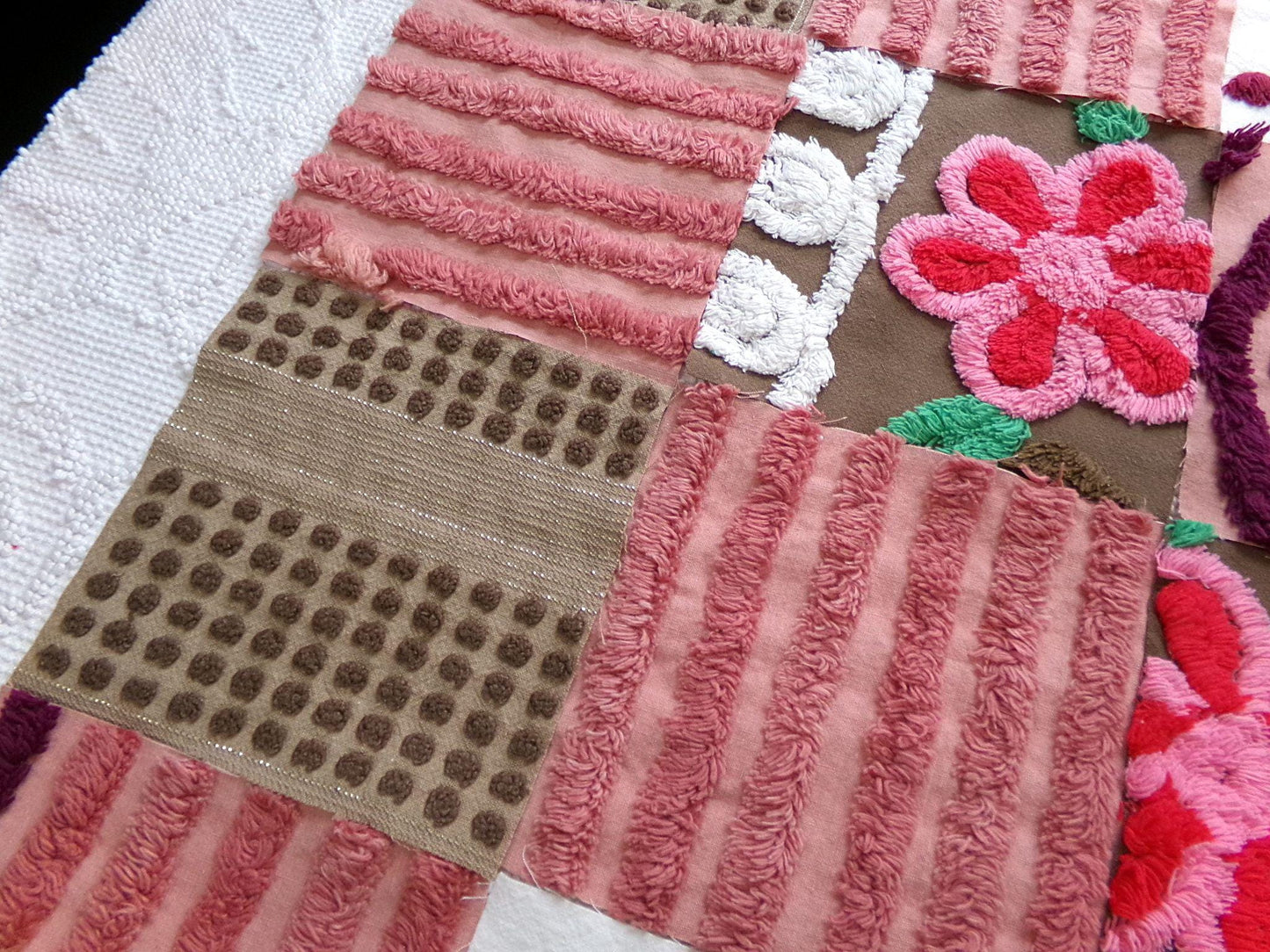 chocolate cake vintage chenille fabric squares, set of 16 yummy 6" craft blocks in brown & mauve pink for quilt inlays, pillows, fiber arts