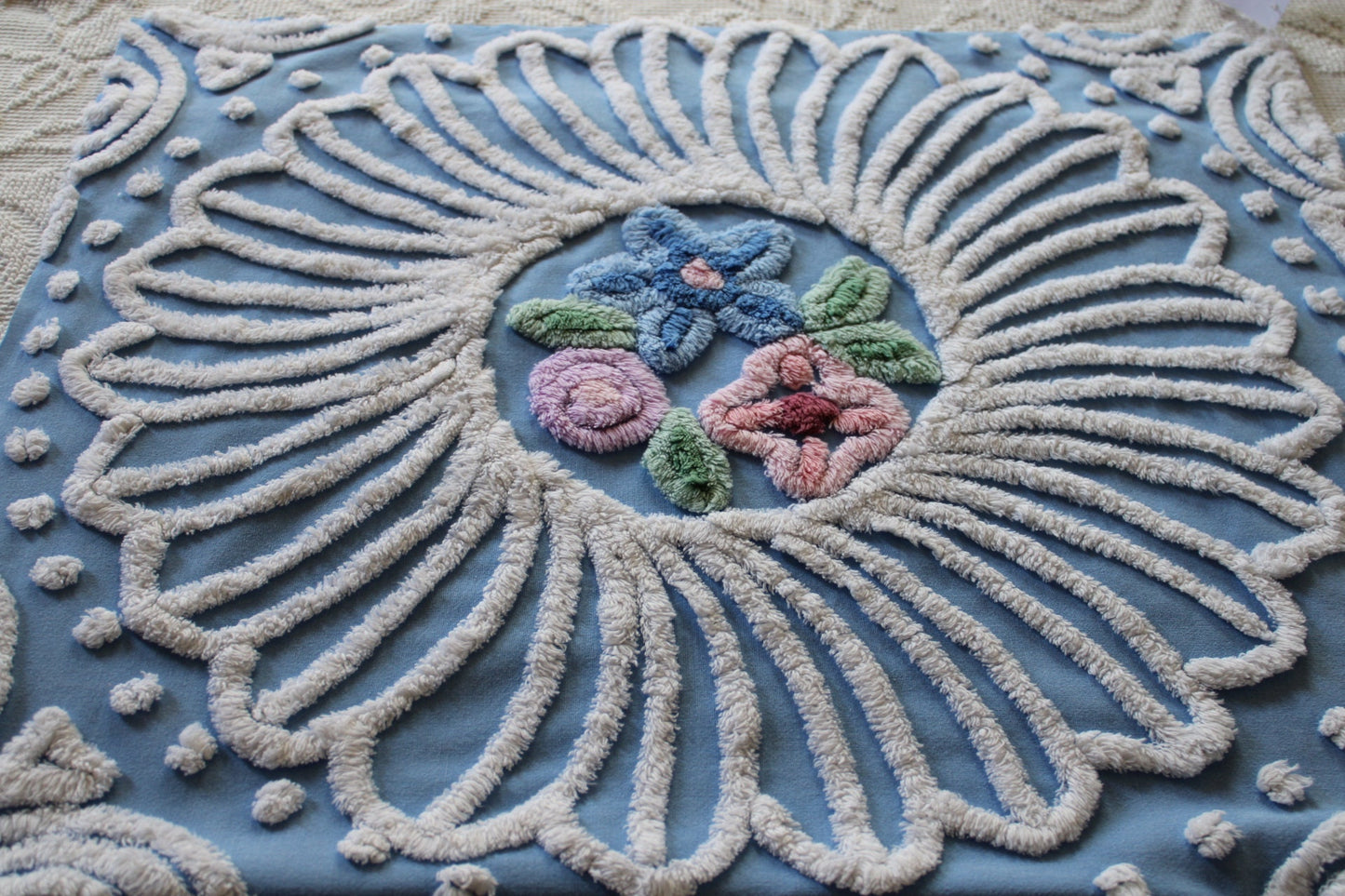 shabby chic vintage chenille fabric, exquisite daisy floral design, 37" x 23" piece, 100% cotton sewing material for wall hanging, quilts