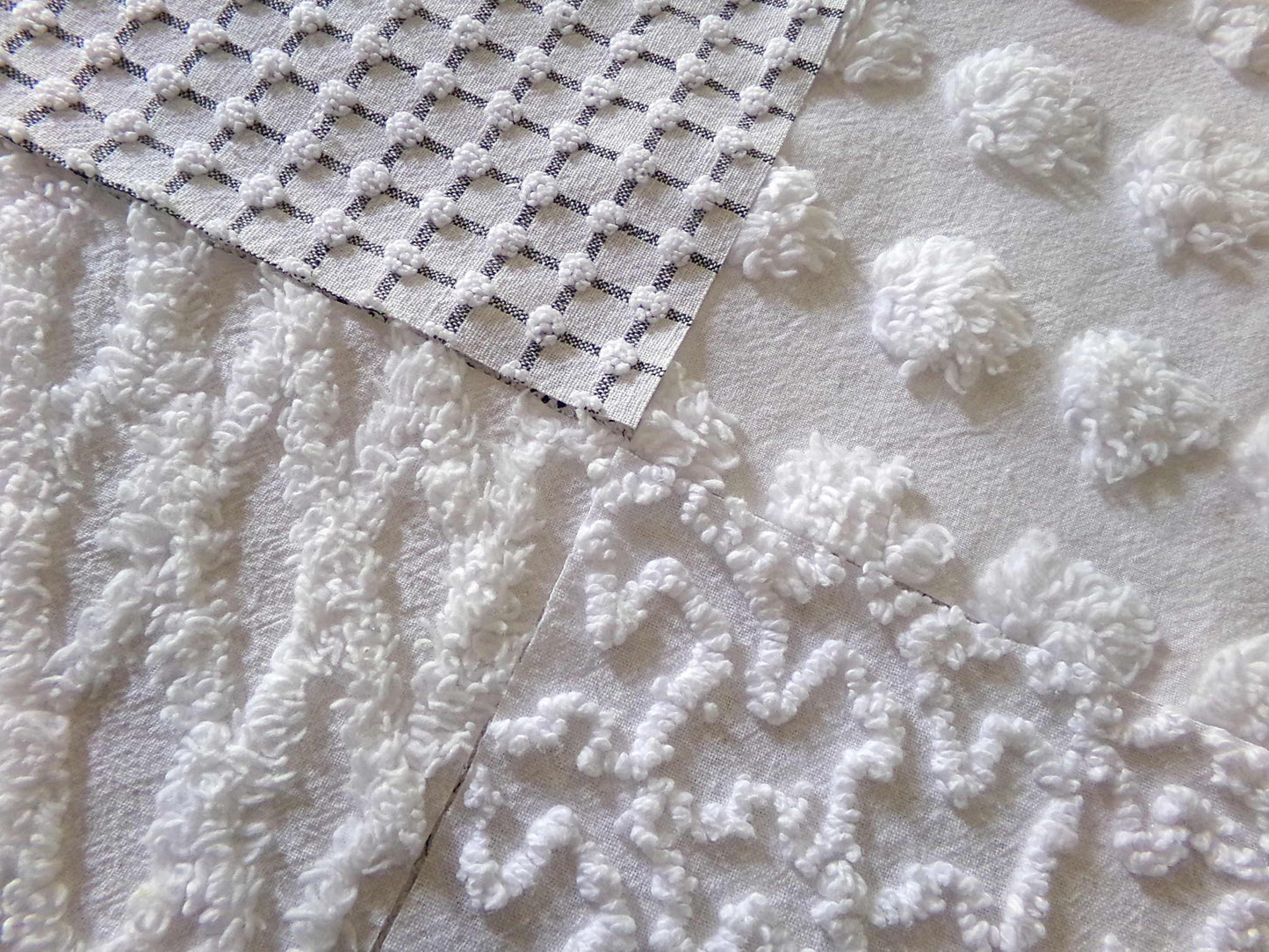 Blizzard White Vintage Chenille Fabric Squares, Diamond Ice, Coin Pop, Squiggle & Micro Grid, Set of 16 Quilt Blocks, 6" x 6" inch each