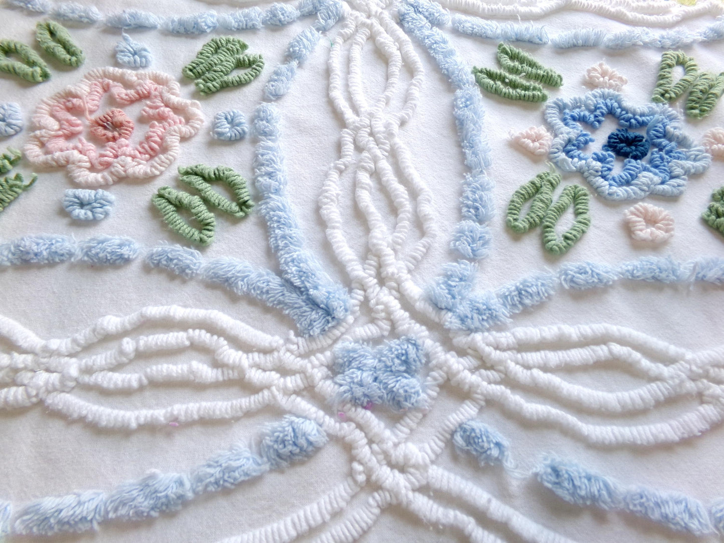 cottage chic vintage chenille fabric: pink & blue floral 24" x 24" cut piece sewing material