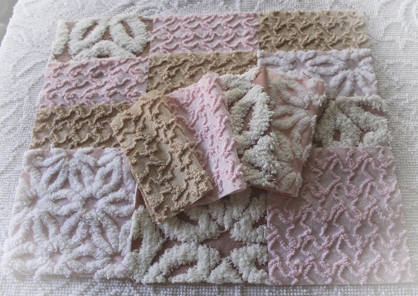 modern mocha pinks chenille fabric squares, set of 16 vintage quilt blocks 6" inches ea, daisy & squiggle texture