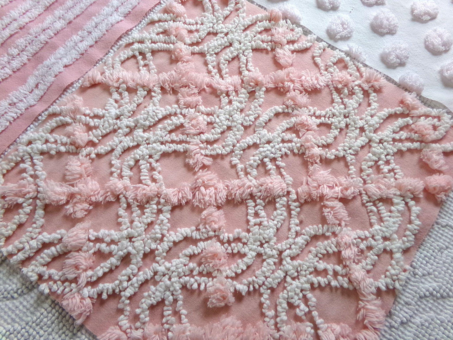love pink chenille fabric squares, set of 4 texturized vintage large quilt blocks 12" inches ea, spider ring, pops, stripes, infinity tuft