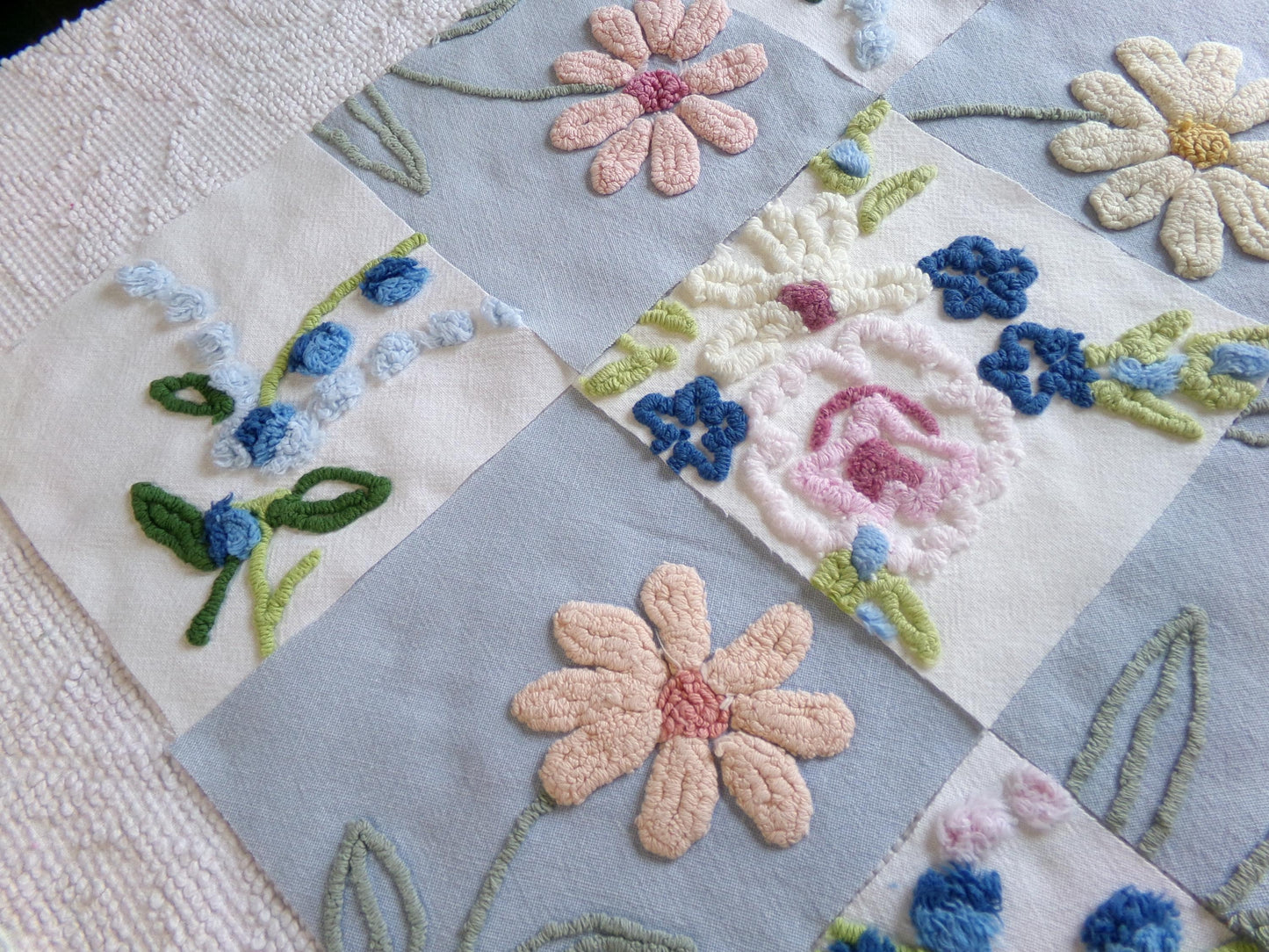 vintage chenille fabric squares, "barefoot in the meadow" set of 16 floral 6" quilt blocks in sky blue daisy, lupine flowers & roses