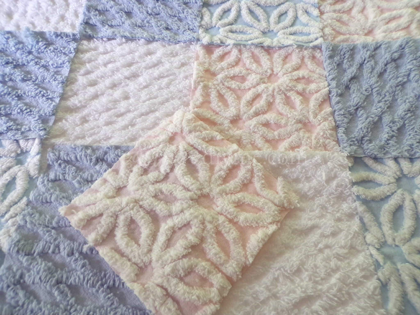 Fluffy Soft 6" Chenille Fabric Squares, Set of 16 Quilt Blocks, Pink, Blue & White Daisy Designs Cut from Vintage Chenille Bedspreads