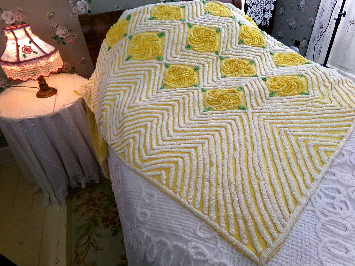 golden rose vintage chenille bedspread, plush pinwheel yellow cabbage rose design, full size cotton bedding