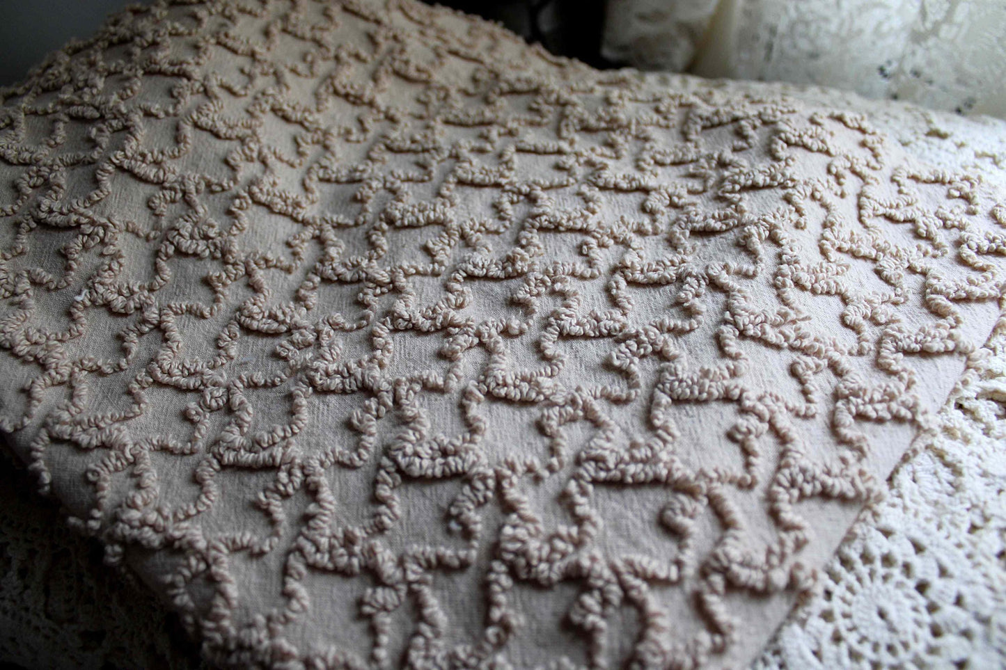 neutral vintage chenille fabric, sandy mocha texturized squiggles, 20" x 24" inch piece, 100% lightweight cotton