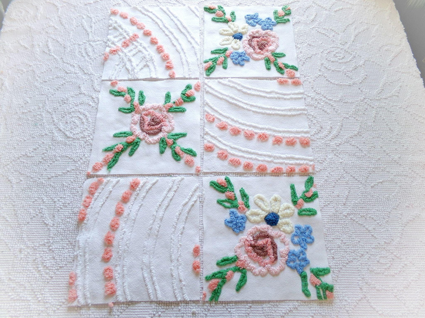 vintage 7.5" chenille fabric squares, set of 6 cottage style quilt blocks, peach, white rose floral & geometric for sewing, crafts, quilting