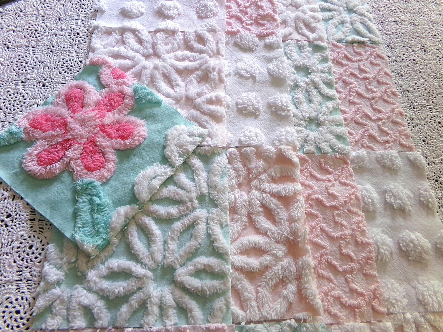 cottage chic 6" chenille squares, set of 17 aqua, pink & white quilt blocks cut from vintage chenille bedspread fabrics, daisies 'n dots
