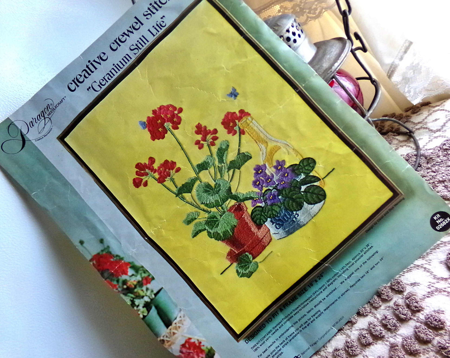 GERANIUM STILL LIFE Hippie 1970s Vintage Paragon Needlecraft Crewel Embroidery Stitchery Kit #02682X, Design by Carol & Don Henning