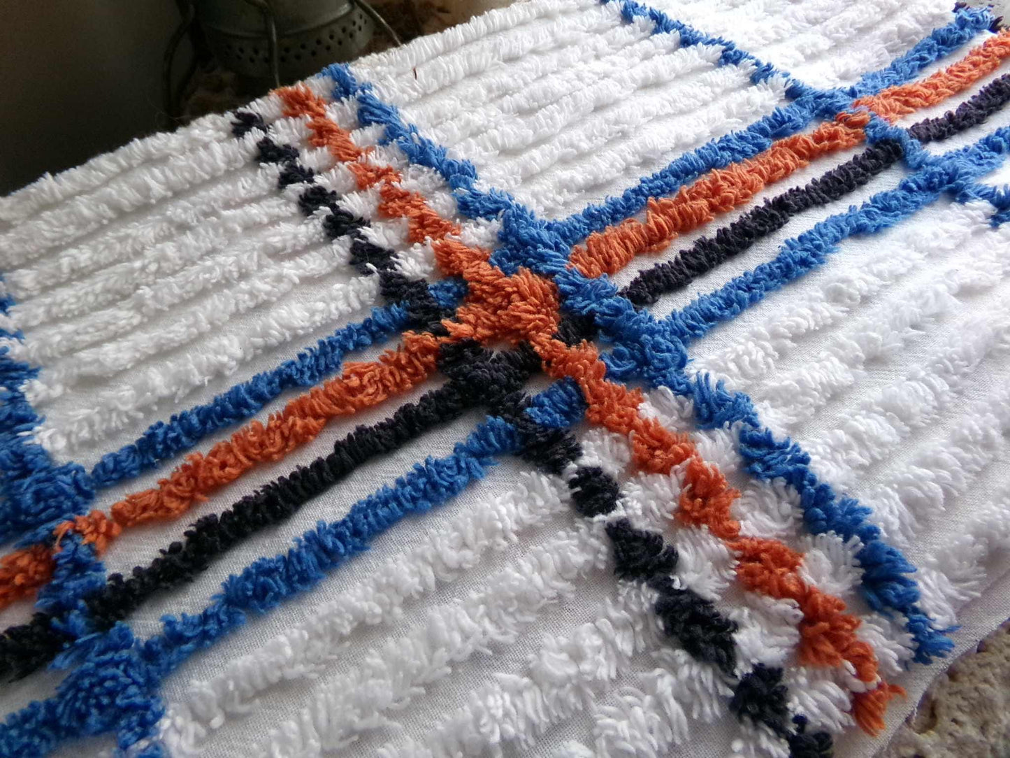 Vintage Chenille Fabric in a Unique Geometric Design, 28" x 15.5" inches, Masculine Black, Rust & Blue on White Cotton