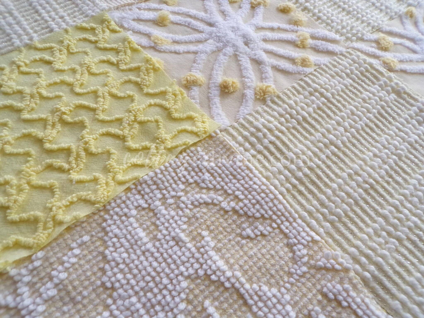 Cheerful Chenille Quilt Squares Set from Vintage Bedspread Fabric, 17 Blocks, 6" x 6" inch, Sunny Yellows