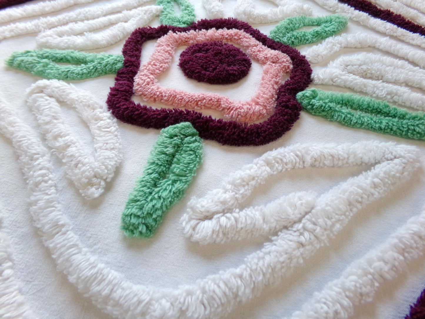 Rose Mauve Vintage Chenille Fabric, 19" x 23" Piece of Radiating Swirl White Cotton Sewing Material Upcycle into Pillows, Quilts