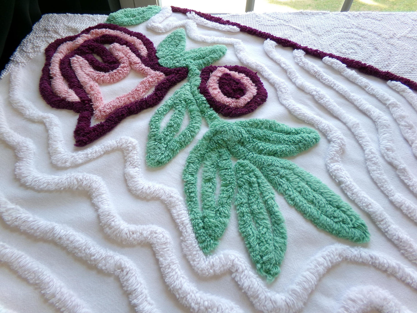 Berry Mauve Blooms Vintage Chenille Fabric, Large 22" x 37" Piece of Plush Swirl White Cotton Sewing Material Upcycle into Quilts & Crafts