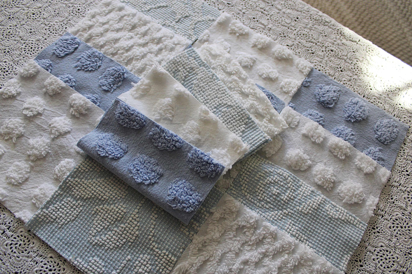 Chenille Fabric Squares, Beachy Blue & White Craft Square Set from Vintage Bedspread Fabric, 16 Blocks, 6" x 6" inch
