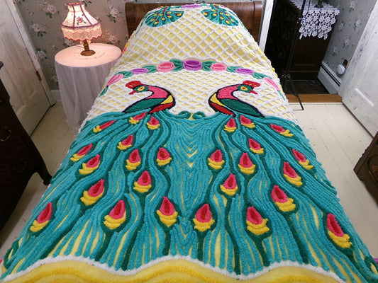 lover's quarrel peacock chenille bedspread in a vibrant rainbow of colors, full size vintage bedding, 100% soft plush cotton
