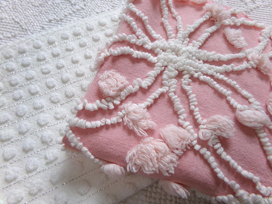 Vintage Chenille Fabric Bundle in Pink & White, 2 Pieces 12" x 18" each | Great Stash Builder for Fiber Arts, Crafting