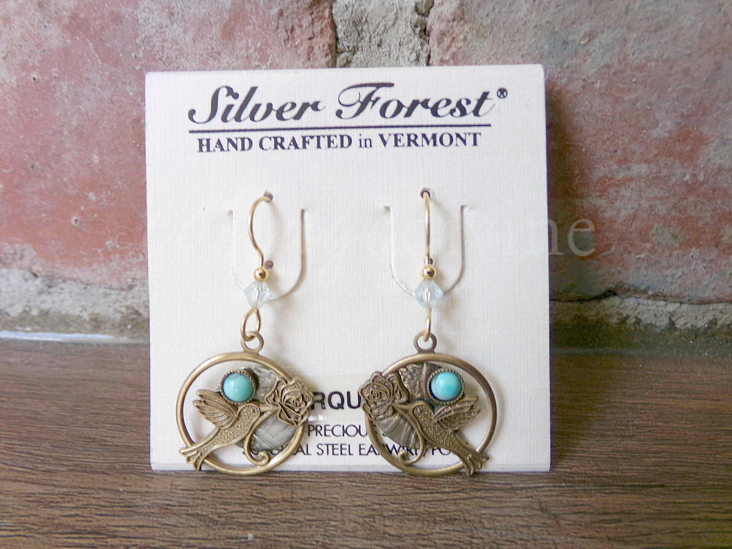 Hummingbird Rose Pierced Dangle Earrings, Turquoise Accent Vintage Style Silver Forest Vermont Boho Design