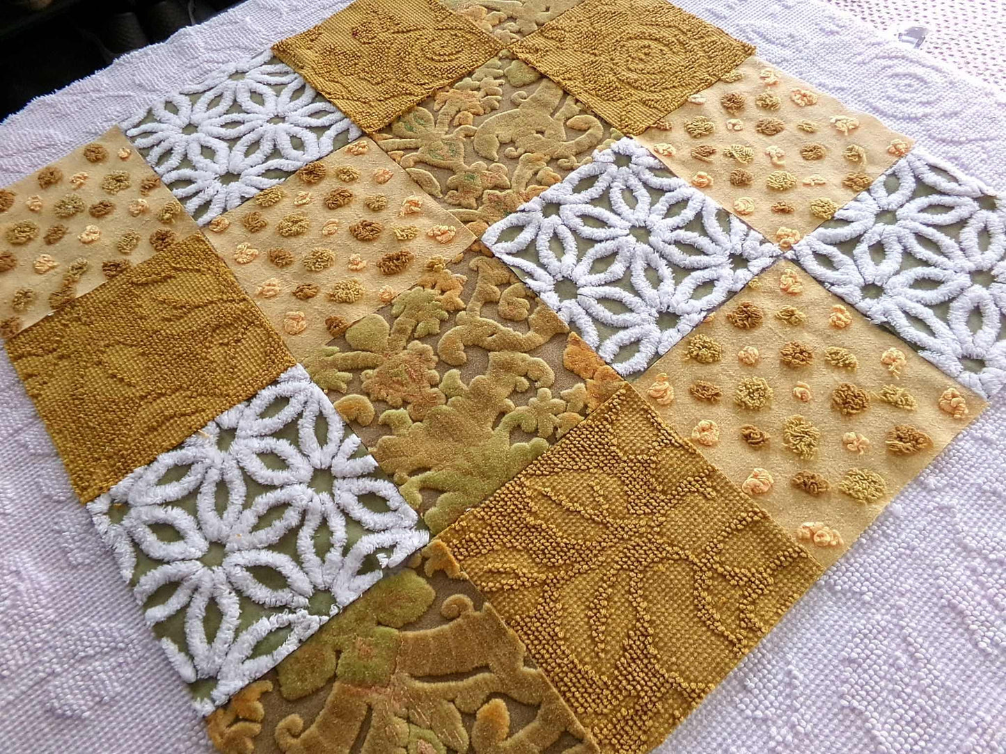 boho mama velvet & chenille fabric squares, earthtone daisy, dots, 16 vintage quilt blocks 6" x 6" inch, for pillows, quilts, crafts