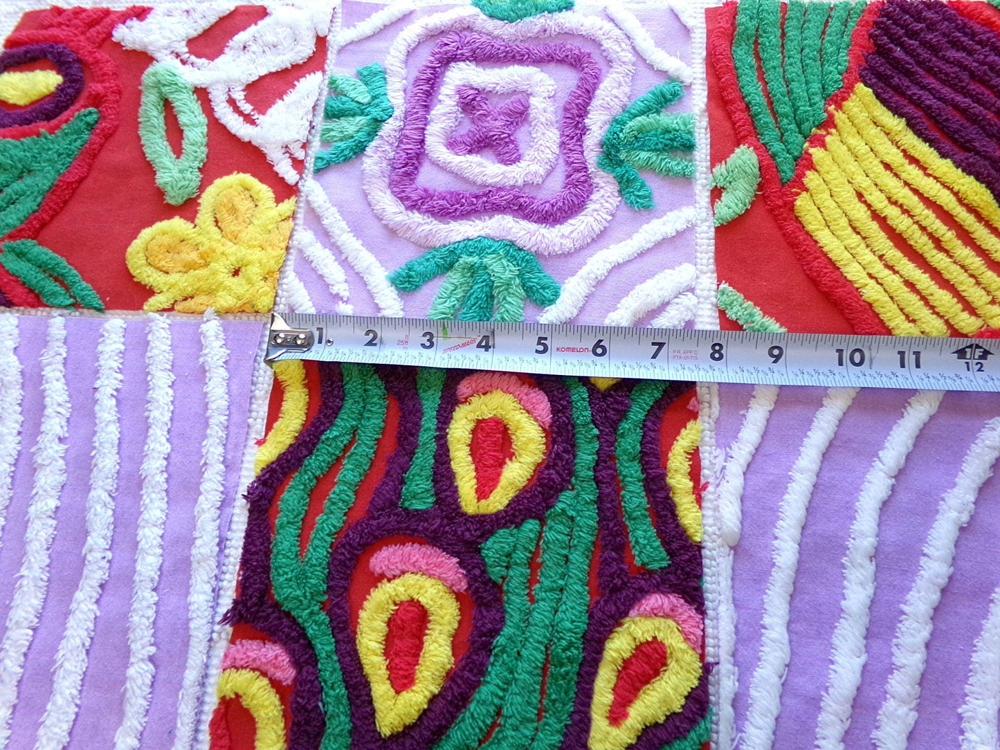 sassy 'n sweet chenille fabric squares, 7.5" vintage quilt blocks in lavender & rich red, set of 6 for sewing, crafts, quilting