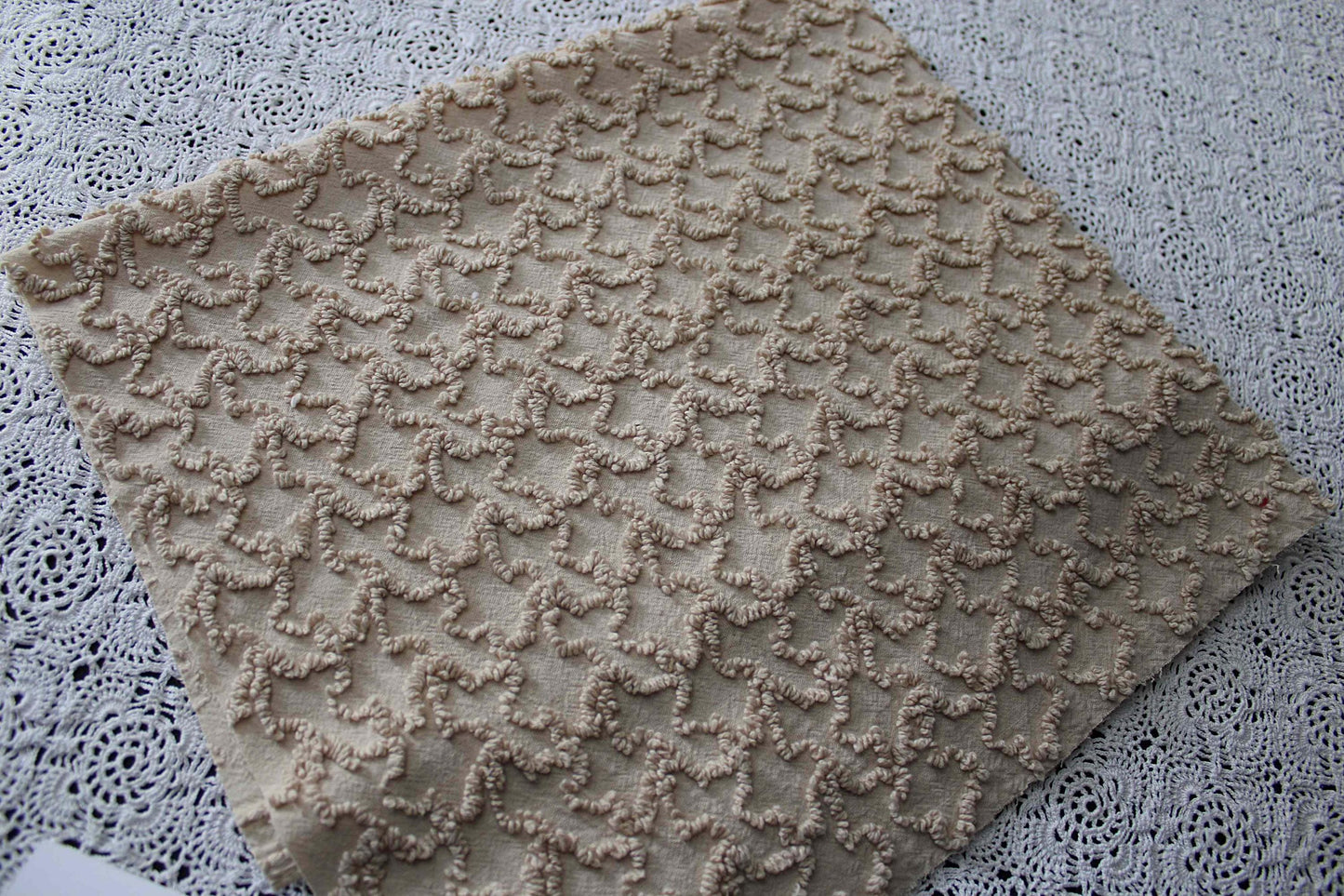neutral vintage chenille fabric, sandy mocha texturized squiggles, 20" x 24" inch piece, 100% lightweight cotton