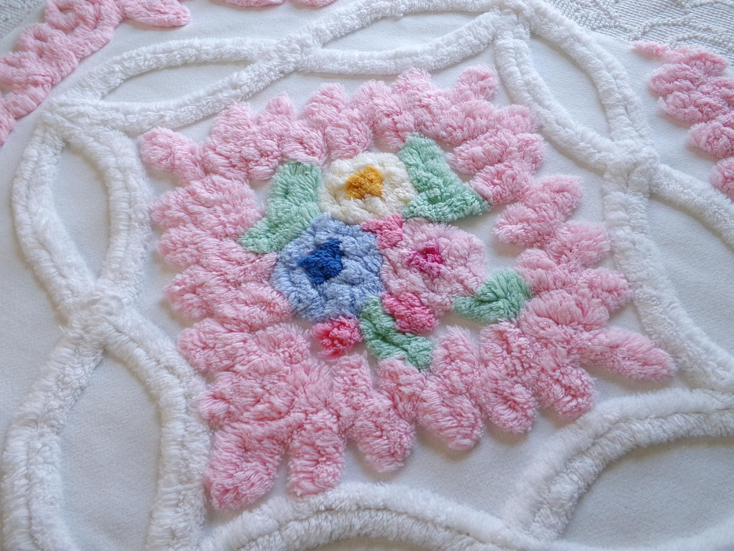 heavenly cottage chic vintage chenille fabric, heavy tufted frosted wedding cake floral 17" x 23" inch piece of pink & white sewing material