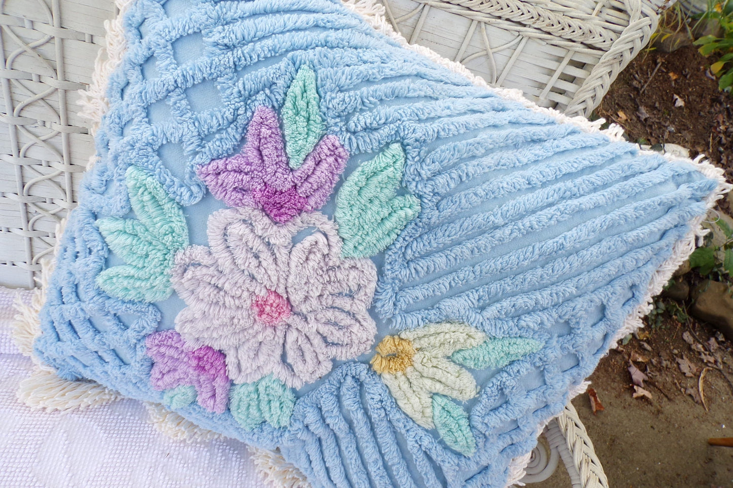 Cottage Blue Floral Chenille Pillow Cover 17" x 17" inch Square, REVERSIBLE Accent Fringe Pillow from Vintage Chenille Bedspread Fabric