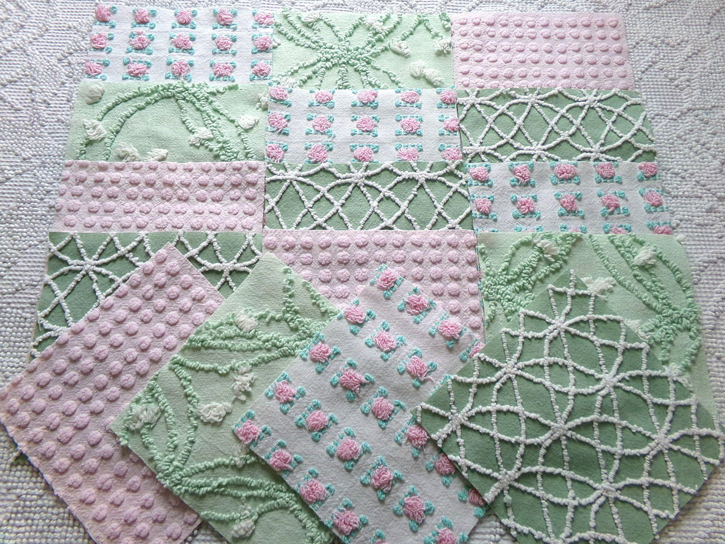 secret garden chenille fabric squares, 16 vintage 6" quilt blocks in pink & green, for sewing, crafts, fiber arts