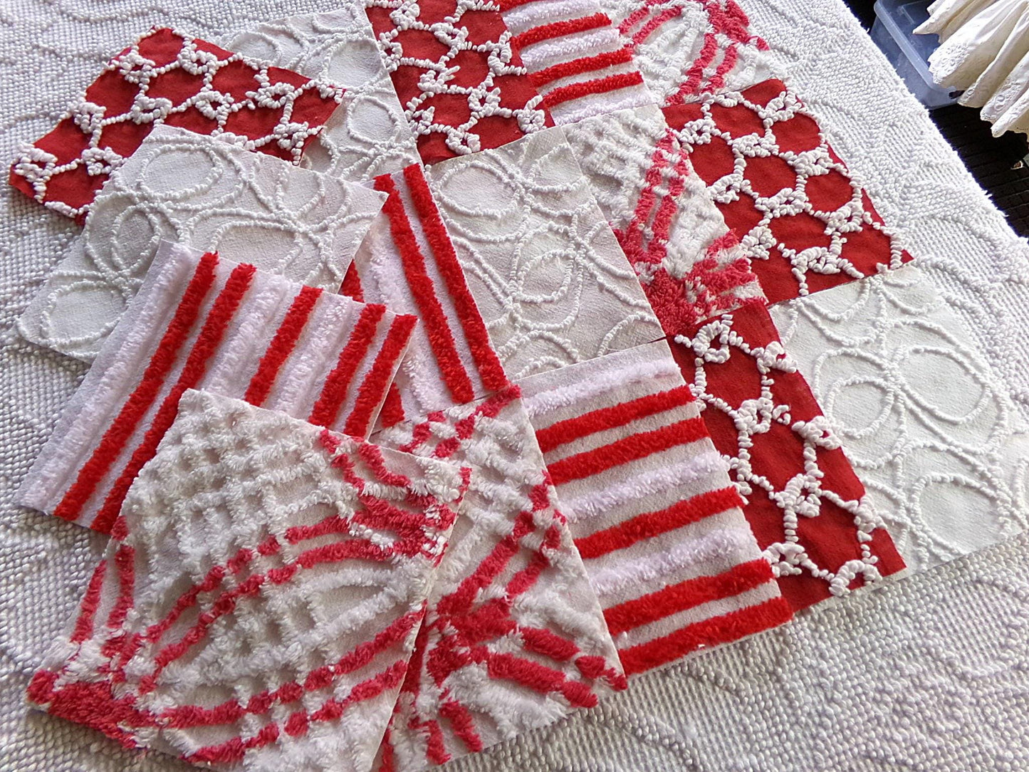 candy canes chenille fabric squares, red & white vintage craft square set of 16 blocks, 6" x 6" inch, great for Christmas stockings