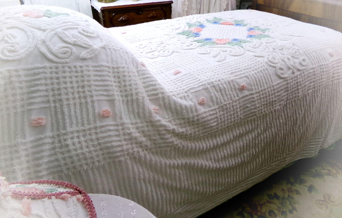 roses in winter vintage chenille bedspread, white cotton summer coverlet, classic cottage style full size bedding