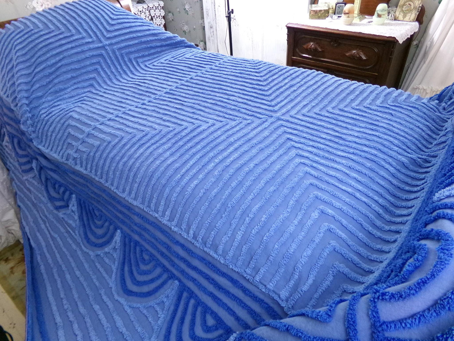 shabby sea nymph blue vintage chenille bedspread, coastal chic geometric design, full size cotton bedding