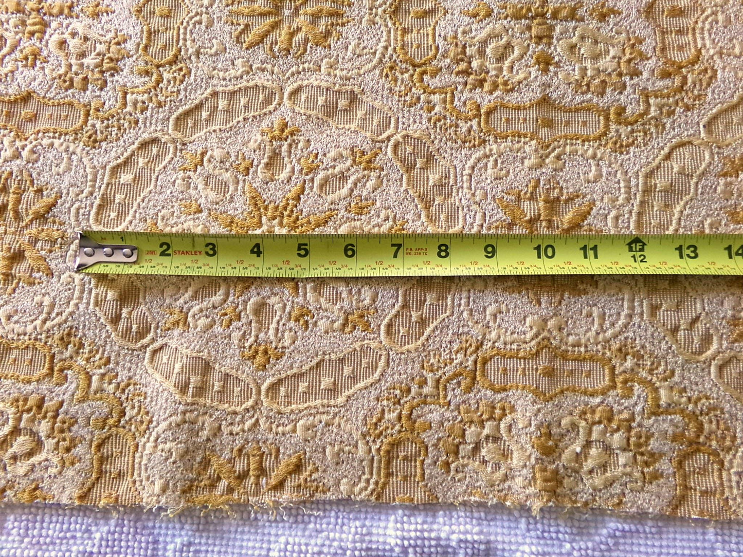 celestial gold matelasse woven tapestry fabric, silky shimmer fringe, 18" x 23" inch piece of vintage luxury sewing material