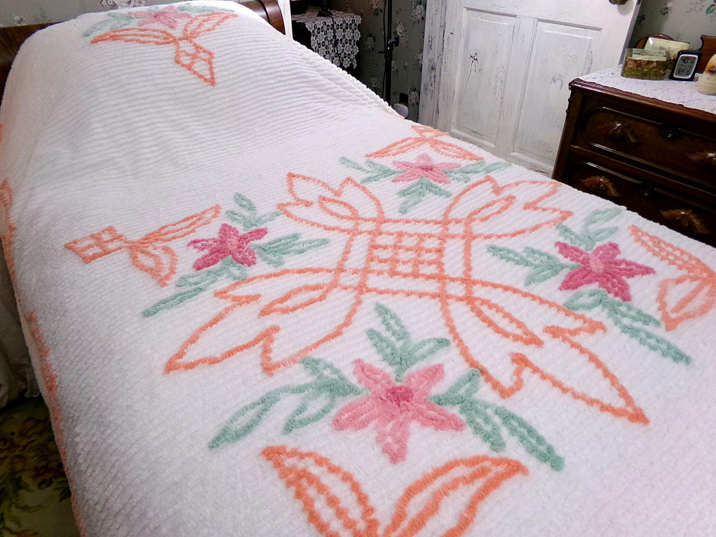 botanical white chenille bedspread, pink lily flowers & citrus orange scrollwork, full size cotton bedding, great summer coverlet