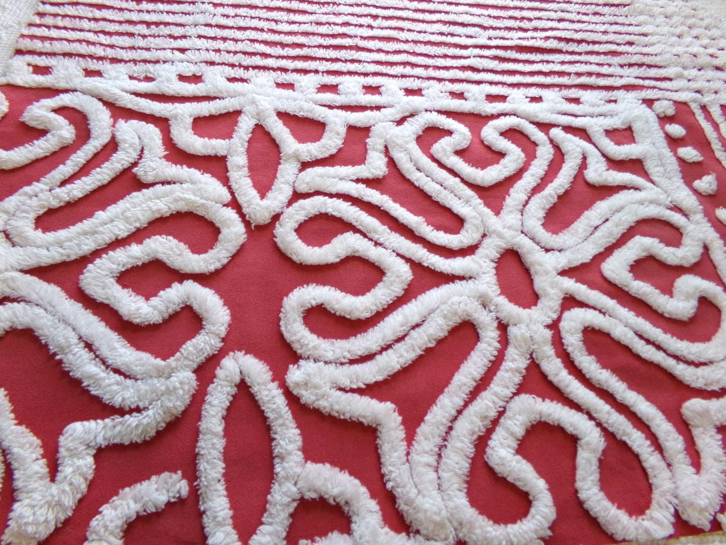 cherry red & white vintage chenille fabric, victorian scroll stripe design, 20" x 24" cut piece of craft, sewing, pillow, quilt material