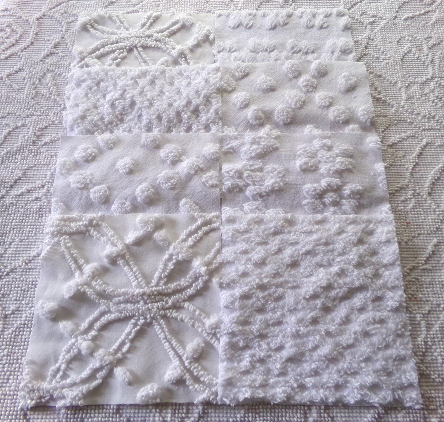 farmhouse style white chenille fabric squares, 7.5" vintage quilt blocks, set of 8 for sewing, crafts & quilting