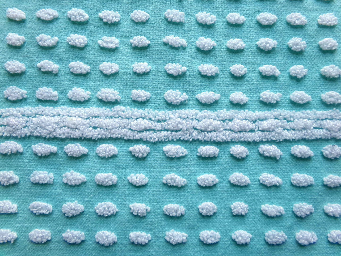 nubby elongated pops vintage chenille fabric, shabby unique 18" x 24" cut piece, white dots on aqua teal lightweight cotton