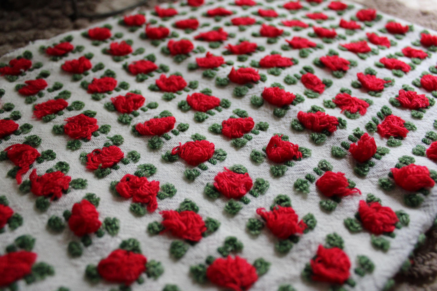 Striking Red Rosebud Vintage Chenille Fabric from Morgan Jones Roses Bedspread, 18" x 24" inch Piece