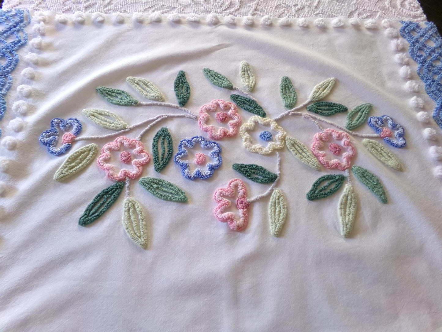 cottage style shabby pink & blue florals vintage chenille fabric, large 24" x 35" inch piece, so pretty for a pillow