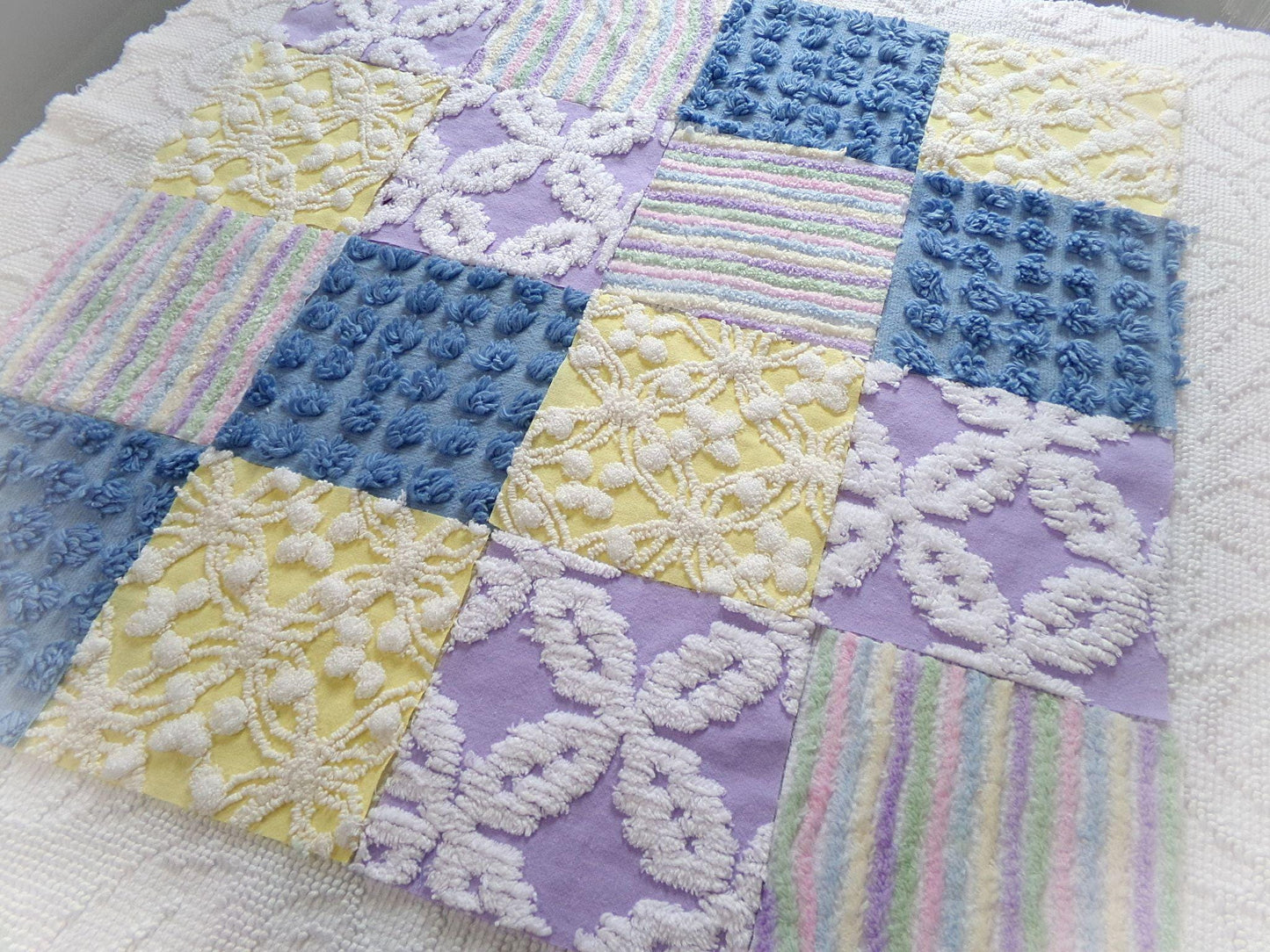 over the rainbow chenille fabric squares, set of 16 vintage quilt blocks 6" inches ea, dreamy serene blue, sunny yellow, soft lilac