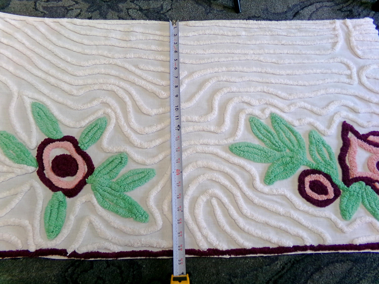 Berry Mauve Blooms Vintage Chenille Fabric, Large 22" x 37" Piece of Plush Swirl White Cotton Sewing Material Upcycle into Quilts & Crafts