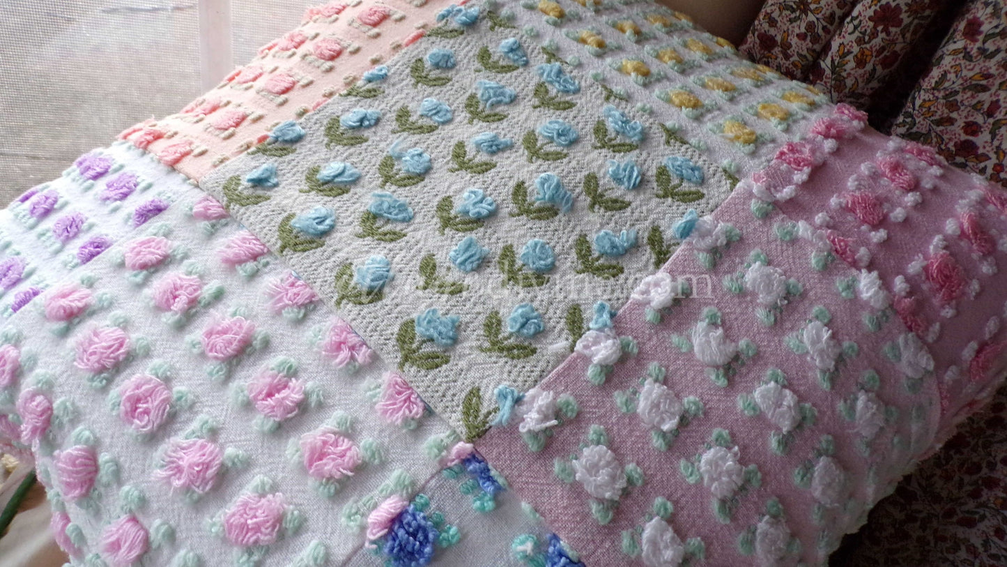 PATCHWORK Roses Floral Chenille Pillow Cover 16" x 16" inch Square, REVERSIBLE Accent Pillow Designed from Vintage Chenille Bedspread Fabric