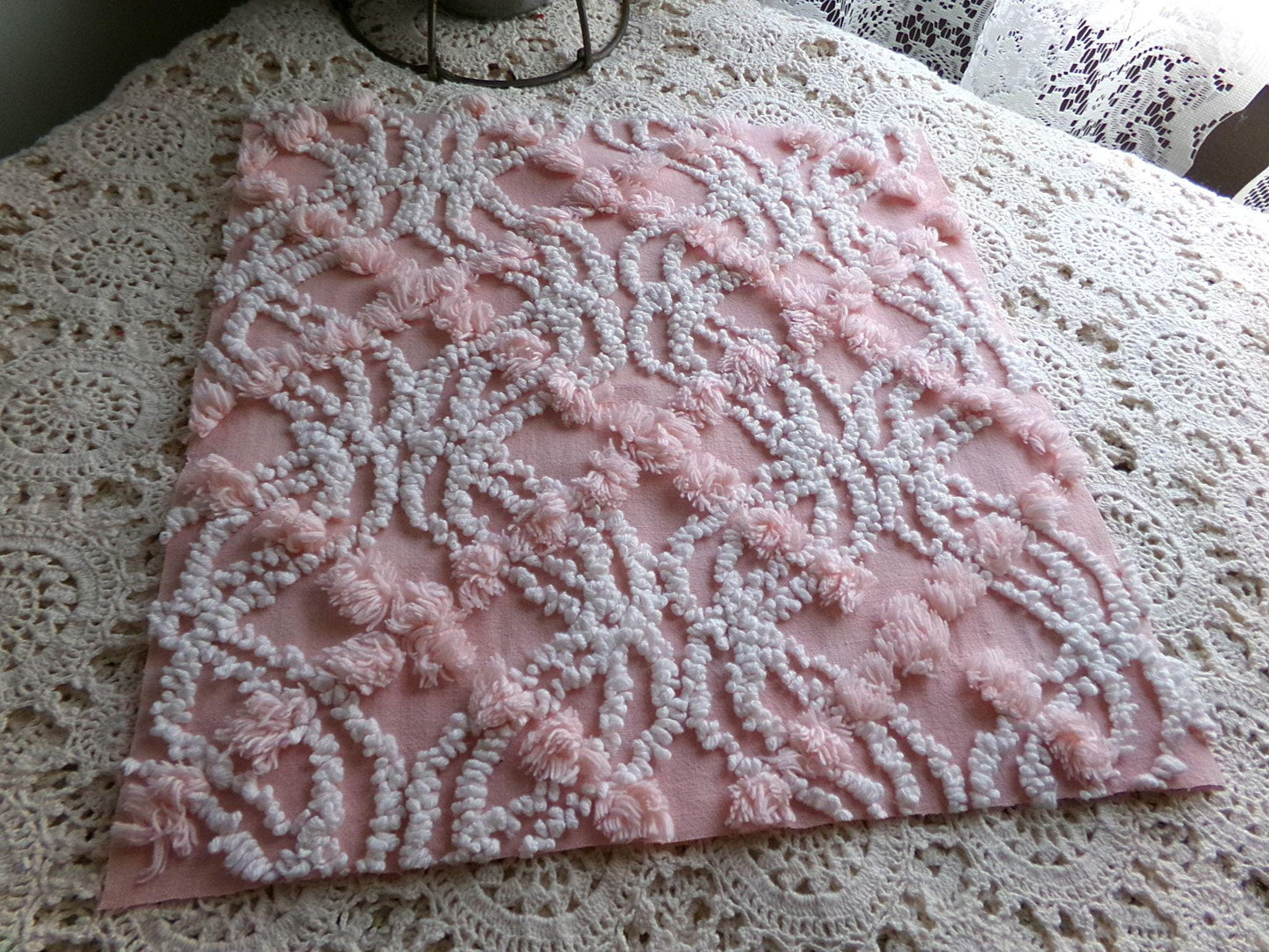 tickle me pink chenille fabric squares, set of 4 vintage large quilt blocks 12" inches ea, rosebud, pops, stripes, infinity tuft