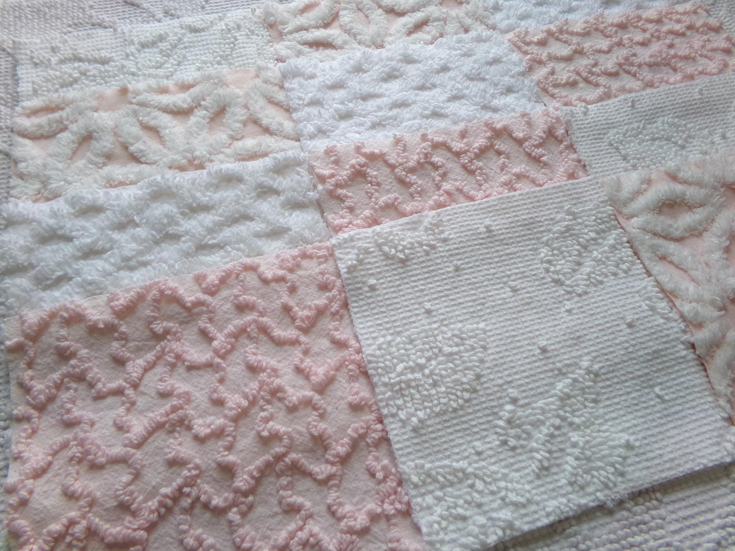 pink & white vintage 6" chenille squares, set of 12 quilt blocks in a lovely selection of popular patterns for sewing, crafts