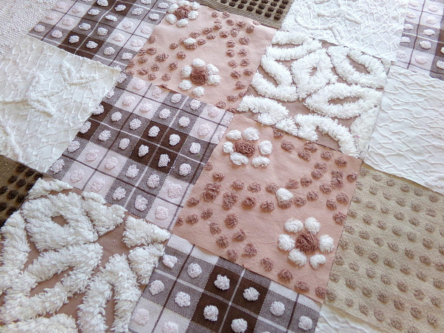 vintage 6" chenille squares, "boho girl" set of 16 quilt blocks, rotary cut from vintage chenille & matelasse bedspread fabrics