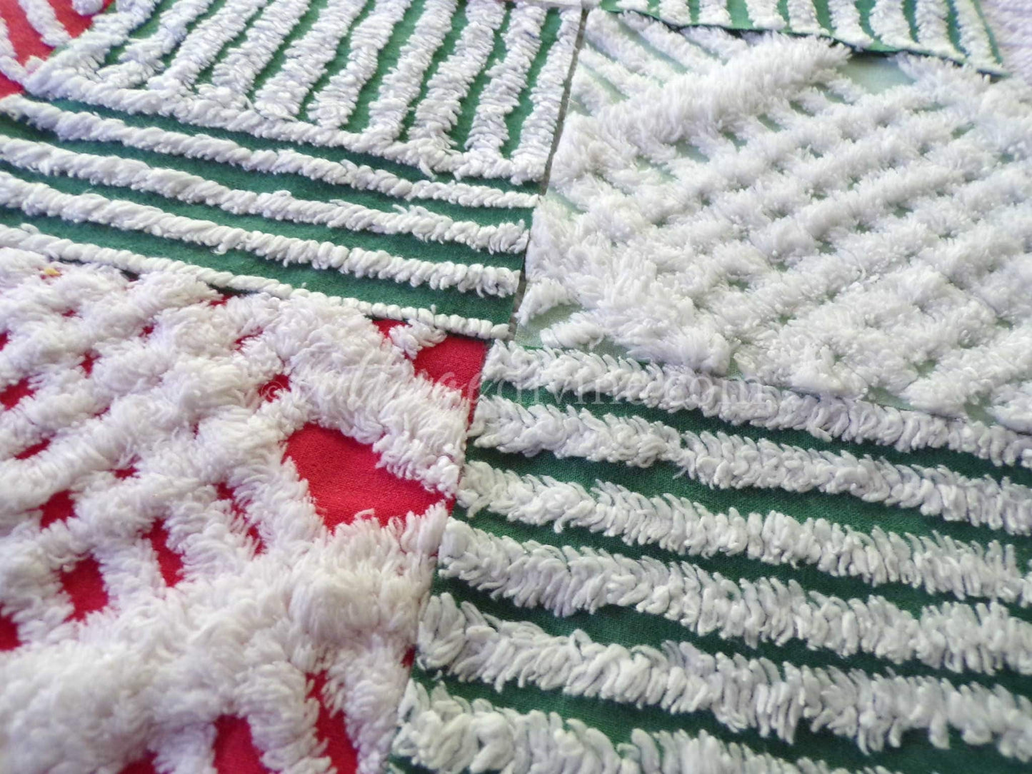 Christmas Quilt Squares Set, Rotary Cut from Vintage Chenille Bedspread Fabric, 16 Blocks, 6" x 6" inch, Traditional Red, Green & White
