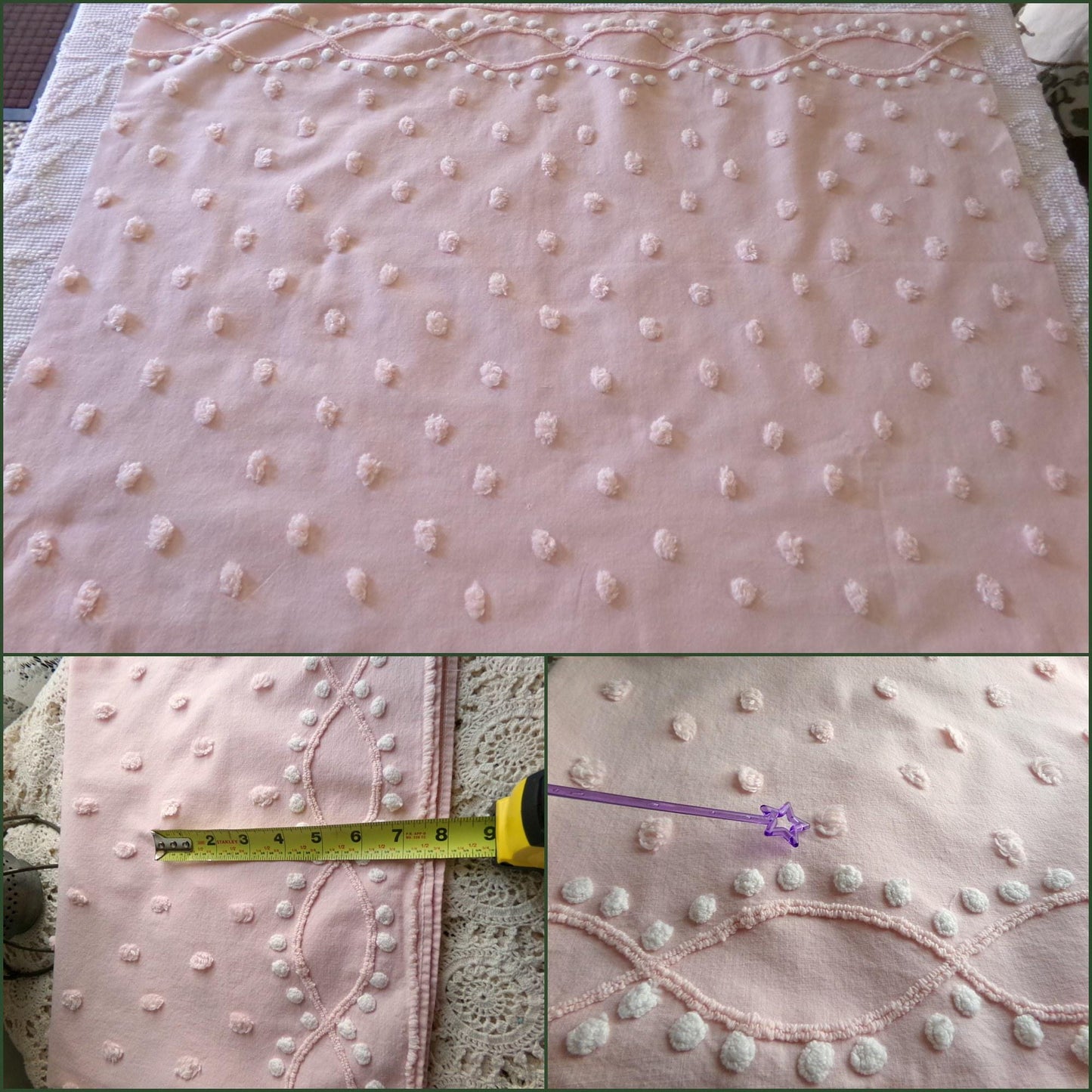 petal pink feminine chenille fabric, vintage sewing material with wideset pops & infinity link accents, lightweight 20" x 27" inch piece