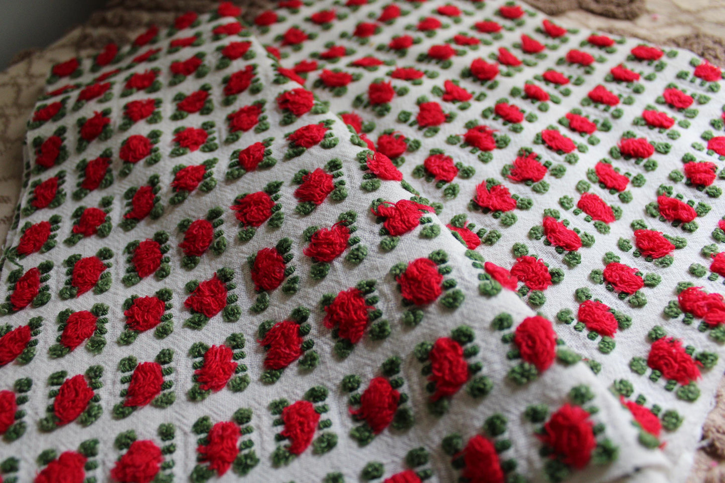 Striking Red Rosebud Vintage Chenille Fabric from Morgan Jones Roses Bedspread, 18" x 24" inch Piece