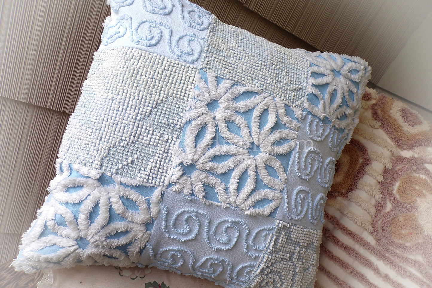 Beach Cottage Chenille Pillow Cover 16" x 16" inch Square, REVERSIBLE Patchwork Blue Accent Pillow from Vintage Chenille Bedspread Fabric