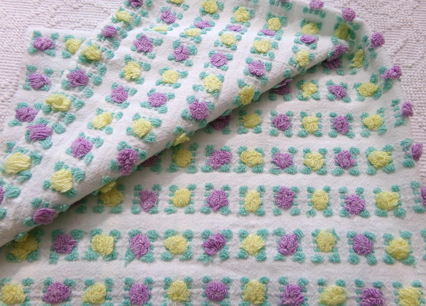 Rare Jewel Rosebud Vintage Chenille Fabric w/ Yellow & Amethyst Roses, 17" x 24" Cut Piece of Sewing, Quilt Material