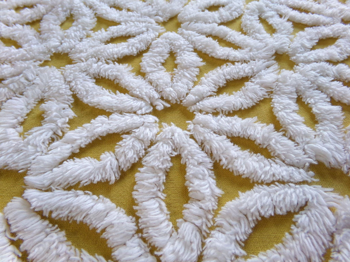 boho style vintage chenille fabric, white daisy on harvest gold, 20" x 24" inch piece of cotton sewing material for quilting & crafts
