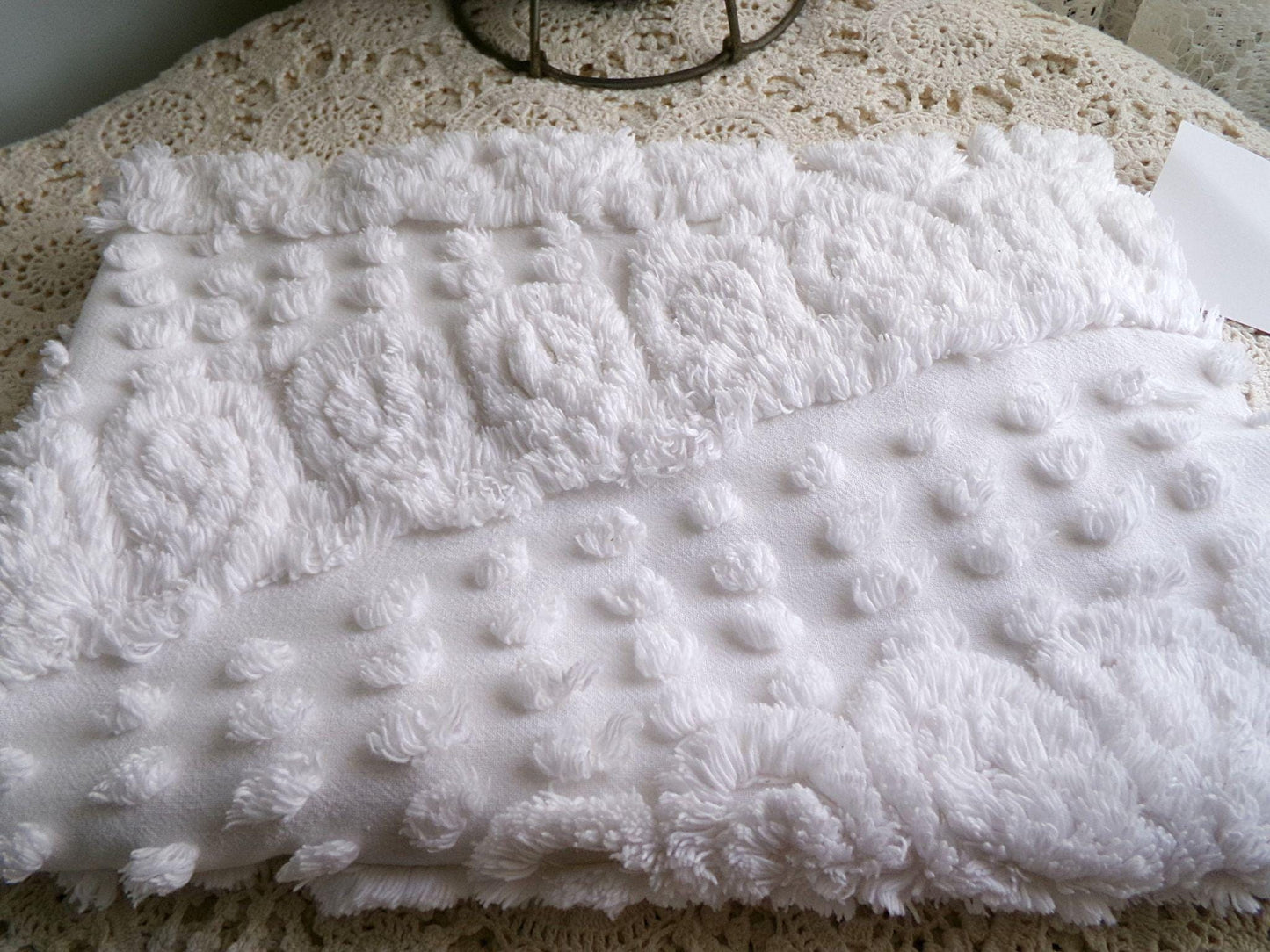 Fluffy Angel White Plush Swirl Vintage Chenille Quilt Fabric, 16" x 24" inch Piece